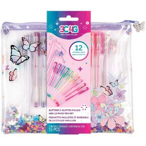 3C4G ثلاثة هتافات للفتيات - Butterfly Glitter Pouch ومجموعة قلم الجل الملونة - 10 أقلام هلام ملونة للأطفال ، وأقلام كتابة الفراشة للأطفال و Sequin Pencil Case for Girls - Kids Gel Abels for Colling