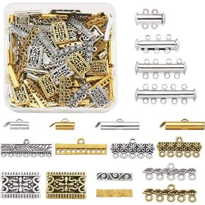 Pandahall 148 Pcs Tube Brass Slide On End Clasp & 2-5 Strands Jewelry Slide Lock Clasps & Tibetan Style Alloy Links/Connectors & Rectangle Spacer Beads for Bracelet Necklace Jewelry Making