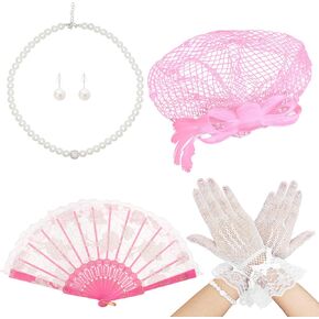 Heliltd 6pcs 1920s Fascinators for Women Tea Party Fascinator Hat for Women Black Hat Gloves Lace Fan Pearl Jewelry Set