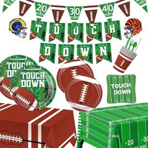 195Pcs Football Party Supplies for 24 | Includes Plates, Cups, Napkins, Straws, Cutlery, Banner，Tablecloth | Perfect for Football Birthdays, Game Day, Tailgate Parties