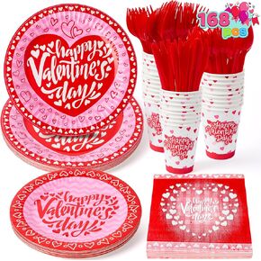 JOYIN 168 Pcs Valentine's Day Tableware Set - Disposable Party Supplies for Kids, Includes Plates, Cups, Napkins and Cutlery for Valentine Party Decorations, Serves 24