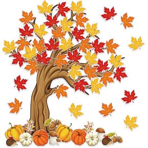 4Ft Big Tree Bulletin Board Set Spring Fall Summer Tree Bulletin Board Decoration with Maple Leaves Butterflies Pumpkins Cutouts for Classroom Home Chalkboard Wall Decoration, 74Pcs (Maple Leaves)
