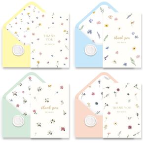 Floral Thank You Cards with Envelopes & Wax Seal Stickers,24 set Bulk,4"x6",4 Design Wildflower Greeting Cards for Wedding,Baby Shower,Bridal Shower