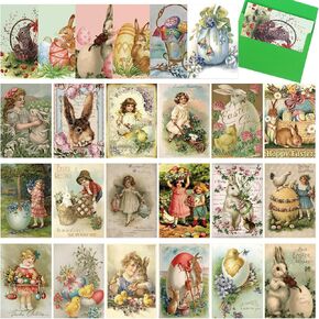 24 Pack Vintage Easter Card Assorted Funny Note Cards for Easter Victorian Vintage Postcards with Envelopes Retro Bunny Greeting Card for School Home Office Business Easter Gift Supplies, 4 x 6 Inches