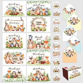 بصراحة 50 حزمة 6 × 4 في وودلاند شكرا لك بطاقات مع الأظرف والملصقات ، 10 تصاميم رائعتين دش وودلاند الطفل شكرا لك ، فارغة في الداخل ، حفلة كيد ، أعياد الميلاد