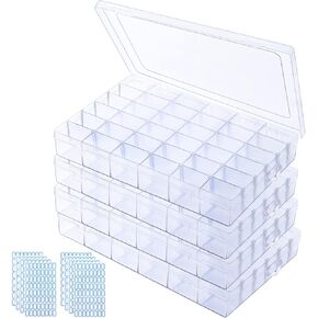 4 Pack Clear Plastic Organizer Box,36 Grids Clear Bead Organizer with Adjustable Divider for Bead Art DIY Craft Jewelry Fishing with 512 Label Stickers