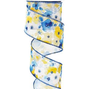 Watercolor Floral Wired Edge Ribbon 2.5 Inch White Yellow Blue Flower Fabric Craft Ribbon for Bow Wreath Gift Wrap Spring Summer Party Home Decor, 12 Yards