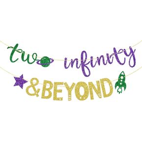 Two Infinity and Beyond Banner, 2 Years Old Banner, Space Themed Birthday Banner, 2nd Birthday Party Decor (Green Gold Purple)