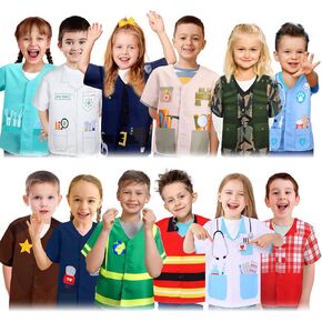 Jiuguva 12 Pcs Role Play Costume Dress up Clothes Cosplay for Kids Community Helper Career Costumes Pretend Play Doctor Firefighter Police Cowboy Scientist