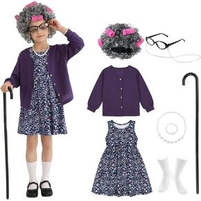 Weixinbuy Old Lady Costume for Kids Girls 100 Days of School Costume Granny Dress Halloween Accessories for Girl