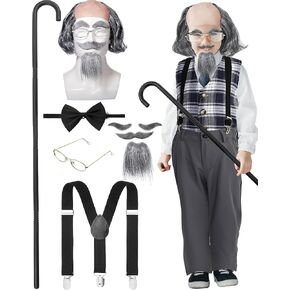 WILLBOND 10 Pcs Old Man Costume for Boys 100 Days of School Halloween Grandpa Costume for Kids Pants, Vest, Wigs Cosplay Set