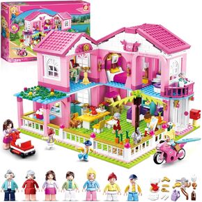 Sluban Friends Beach House Building Sets for Girls 6-12, Seaside Villa House Compatible with Lego Friends, Come with 7 Minifigures Dolls, Motorcycle and Kitchen Accessories, STEM Educational Toy