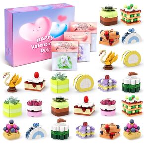 Valentines Day Gifts for Kids Classroom/School,24PCS Dessert Building Blocks and Valentines Cards,Toys for 3+ Years Old Girls & Boys
