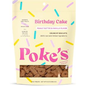 Poke's Birthday Cake Dog Treats, Crunchy Biscuits, Peanut Butter & Vanilla Recipe, Limited Ingredient Natural Dog Treats, Made in USA, Wheat-Free, 8 oz