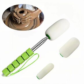 Telescoping Water Absorbing Sponge Stick for Pottery, with Three Detachable Sponge Head, Handmade Artist Clay Ceramic Pottery Auxiliary Tools, Stretching Up to 42 Inches Long (Green)