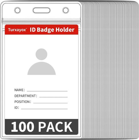 50 Pcs Clear ID Badge Holder, Vertical Plastic Name Tag Protector, Key Card Badge Holders with Waterproof Resealable Zipper for Nurses, Office, School and Lanyards Use in Kuwait