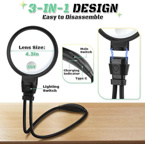 10X 30X Hands Free Magnifying Glass for Reading, Magnifying Glass with Light for Close Work, Flexible Gooseneck Large Magnifier for Reading Books,Sewing Seniors(Black) in Saudi Arabia