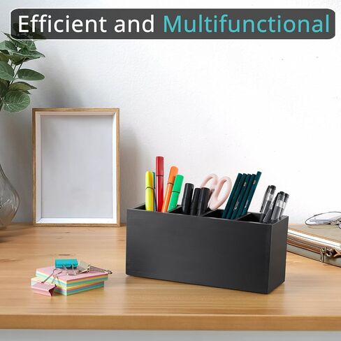Pencil Pen Holder for Desk, Wooden Office Desk Organizers and Accessories with 4 Slots for Countertop, Makeup Brush Holder Organizer for Bathroom Vanity, Silverware Caddy for Party, Black in Kuwait