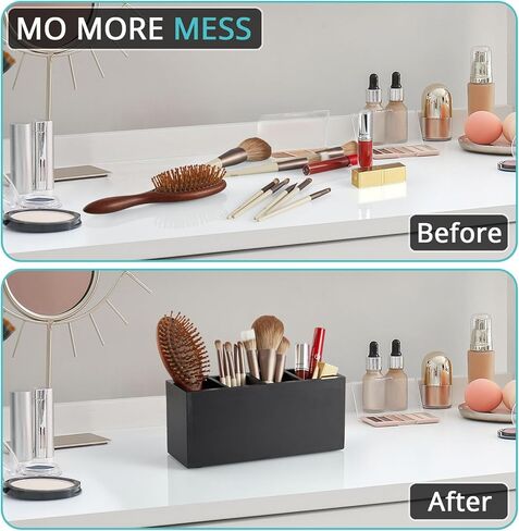 Pencil Pen Holder for Desk, Wooden Office Desk Organizers and Accessories with 4 Slots for Countertop, Makeup Brush Holder Organizer for Bathroom Vanity, Silverware Caddy for Party, Black in Kuwait