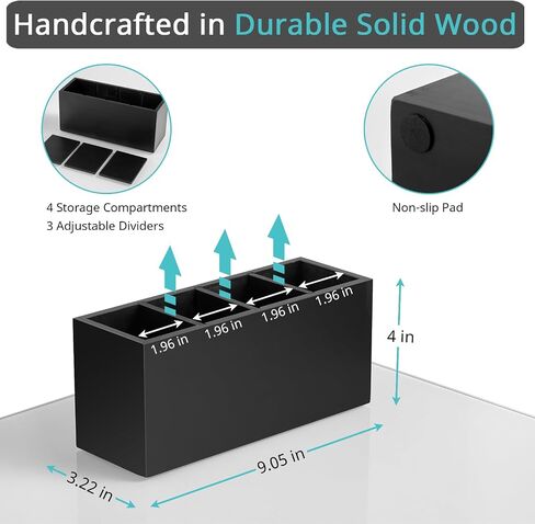 Pencil Pen Holder for Desk, Wooden Office Desk Organizers and Accessories with 4 Slots for Countertop, Makeup Brush Holder Organizer for Bathroom Vanity, Silverware Caddy for Party, Black in Kuwait