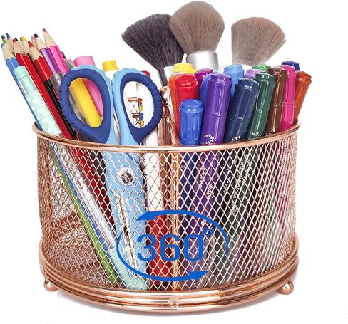 Rotating Desktop Organizer Pen Holder, Multi-Functional Desk Supplies for Makeup brush, Crayons, Paint Brushes, Arts and Crafts, 4 Compartments Mesh Metal Marker Holder for Home, Office (Rose Gols) in Saudi Arabia
