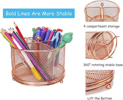 Rotating Desktop Organizer Pen Holder, Multi-Functional Desk Supplies for Makeup brush, Crayons, Paint Brushes, Arts and Crafts, 4 Compartments Mesh Metal Marker Holder for Home, Office (Rose Gols) in Saudi Arabia