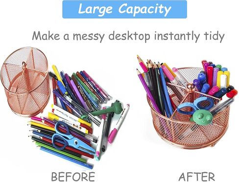 Rotating Desktop Organizer Pen Holder, Multi-Functional Desk Supplies for Makeup brush, Crayons, Paint Brushes, Arts and Crafts, 4 Compartments Mesh Metal Marker Holder for Home, Office (Rose Gols) in Saudi Arabia