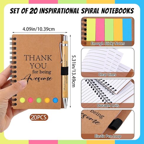 20 Sets Employee Appreciation Gifts Inspirational Spiral Notebooks with Sticky Notes Notepads Motivational Bamboo Ballpoint Pens for Nurse Coworker Teacher (THANK YOU) in Saudi Arabia