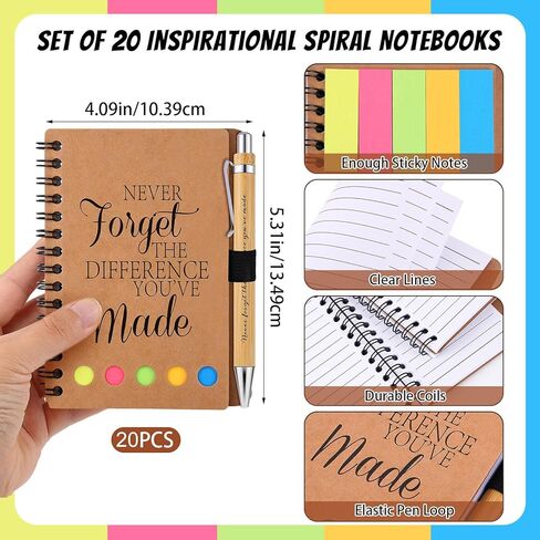 20 Sets Employee Appreciation Gifts Inspirational Spiral Notebooks with Sticky Notes Notepads Motivational Bamboo Ballpoint Pens for Nurse Coworker Teacher (THANK YOU) in Kuwait