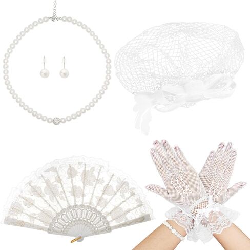 Heliltd 6pcs 1920s Fascinators for Women Tea Party Fascinator Hat for Women Black Hat Gloves Lace Fan Pearl Jewelry Set in Saudi Arabia