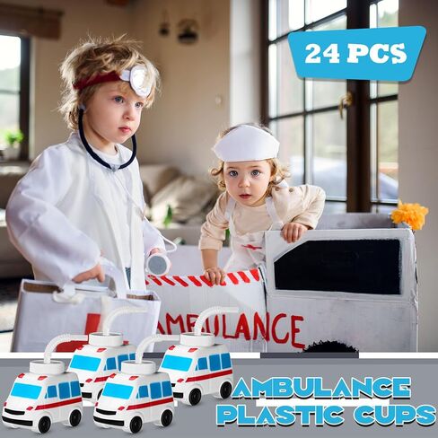 Tanlade 24 Set Doctor's Party Favor Gift Supplies Ambulance Plastic Cups, Ambulance Shape Cup for Transportation Birthday Nurse Graduation Medical and Rehabilitation Party Supplies in Saudi Arabia