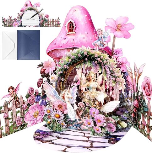 بطاقة عيد الحب المنبثقة - Fairy Unicorn Mushroom House بطاقات الذكرى السنوية ثلاثية الأبعاد مع الأظرف ، والزهرة الرومانسية غريب الأطوار بطاقة عيد ميلاد سعيد للبنات زوجة زوجة زوجة الزوجين in Kuwait