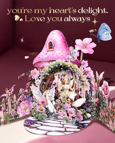 بطاقة عيد الحب المنبثقة - Fairy Unicorn Mushroom House بطاقات الذكرى السنوية ثلاثية الأبعاد مع الأظرف ، والزهرة الرومانسية غريب الأطوار بطاقة عيد ميلاد سعيد للبنات زوجة زوجة زوجة الزوجين in Kuwait
