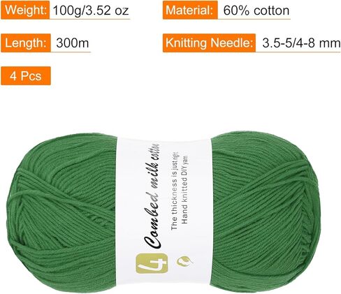 Cotton Yarn, 60% Cotton, 40% Acrylic Soft Knitting Yarn [for Hand DIY Bag Cushion Crocheting Knitting ] -4 Packages of 100g/3.52oz(Per Skein 100g/361yards)/Christmas Green in Kuwait