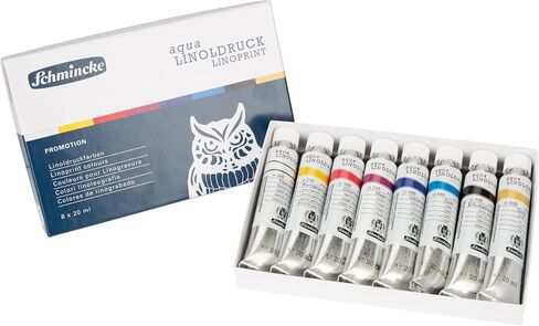 Schmincke - aqua-LINOLDRUCK, linoleum printing set with 5 x 20 ml tubes, 82 005 097, finest linoleum printing inks, sharp contours, even print, brilliant colors, best light fastness… in Kuwait
