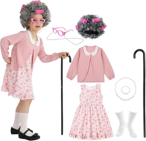 Weixinbuy Old Lady Costume for Kids Girls 100 Days of School Costume Granny Dress Halloween Accessories for Girl in Kuwait