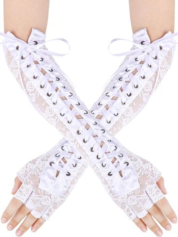 Geyoga Black Long Lace Fingerless Gloves Women Long Elbow Gloves Punk Flower Pattern Ribbon Gloves Arm Warmer for Bridal Wedding Tea Party Halloween Dance Prom Costume Accessories in Kuwait