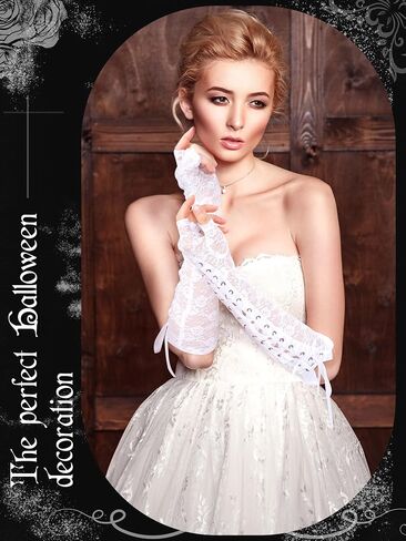 Geyoga Black Long Lace Fingerless Gloves Women Long Elbow Gloves Punk Flower Pattern Ribbon Gloves Arm Warmer for Bridal Wedding Tea Party Halloween Dance Prom Costume Accessories in Kuwait