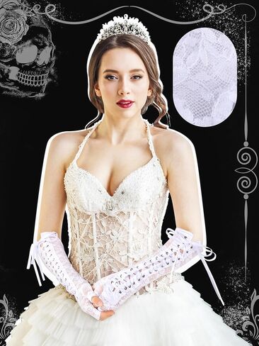 Geyoga Black Long Lace Fingerless Gloves Women Long Elbow Gloves Punk Flower Pattern Ribbon Gloves Arm Warmer for Bridal Wedding Tea Party Halloween Dance Prom Costume Accessories in Kuwait