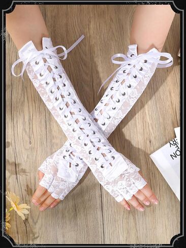 Geyoga Black Long Lace Fingerless Gloves Women Long Elbow Gloves Punk Flower Pattern Ribbon Gloves Arm Warmer for Bridal Wedding Tea Party Halloween Dance Prom Costume Accessories in Kuwait