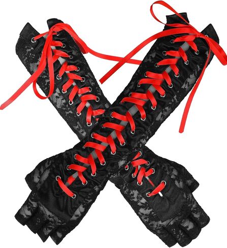 Geyoga Black Long Lace Fingerless Gloves Women Long Elbow Gloves Punk Flower Pattern Ribbon Gloves Arm Warmer for Bridal Wedding Tea Party Halloween Dance Prom Costume Accessories in Kuwait