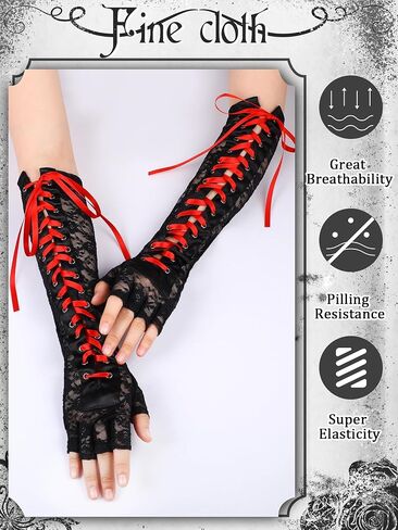 Geyoga Black Long Lace Fingerless Gloves Women Long Elbow Gloves Punk Flower Pattern Ribbon Gloves Arm Warmer for Bridal Wedding Tea Party Halloween Dance Prom Costume Accessories in Kuwait