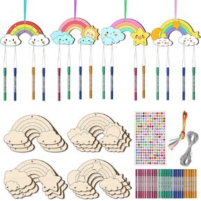 12 Pack DIY Wind Chime Kits for Kids, Make Your Own Rainow Wind Chime DIY Coloring Star Moon Sun Make A Wind Chime Kits Wooden Arts and Crafts Birthday Gifts for Girls Boys