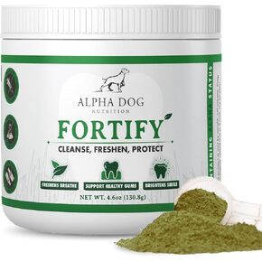 Dog Teeth Cleaning Powder - Fortify Dental Powder for Dogs - Plaque Remover and Freshens Bad Breath with Fresh Green Supplements - Contains Kelp, Probiotics, and Other Tooth Cleaning Ingredients