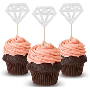 24 Pcs Diamond Ring Cupcake Toppers Silver Glitter Diamond Wedding Ring Cupcake Picks for Valentines Bridal Shower Engagement Marriage Anniversary Birthday Party Cake Decorations Supplies