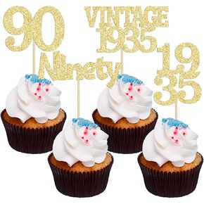 Gyufise 24Pcs 90th Birthday Cupcake Toppers Glitter Cheers to 90 Fabulous Ninety Vintage 1935 Cupcake Picks 90th Birthday Wedding Anniversary Party Cake Decorations Supplies Rose Gold