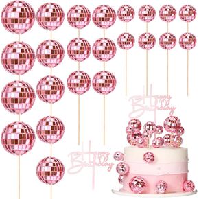24 Pcs Disco Ball Cupcake Toppers Happy Birthday Cake Topper 1970s Retro Cake Decorations Shiny Pink Mini Disco Ball Picks for Disco Theme Party Supplies (Pink and Silver)