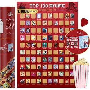 Me Time Joy Top 100 Anime Scratch Off Poster With Scratching Tool and Ebook,100 Anime Bucket List Series
