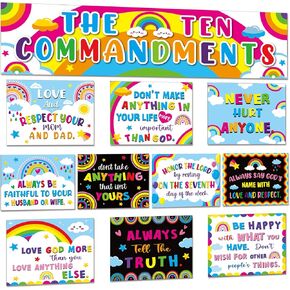 Colorful Ten Commandments Poster for Kids Sunday School Christian Bible Verse Poster Decorations Inspirational Religious Scripture Bulletin Board for Classroom Church Home Wall Decor