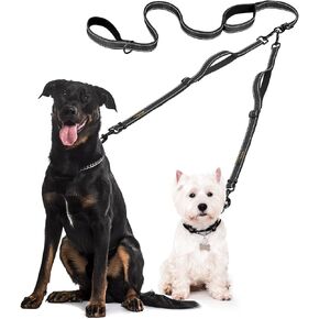 Double Dog Leash – Adjustable Length Long Leash for Dog Training – Dual Reflective Dog Leash with Non-Tangle Design – Heavy Duty Nylon – Ideal (Black, 2 Dog Leash with Handle)